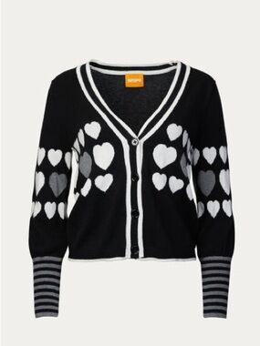 Brodie Cashmere WISPR Black & White Heart Pattern V-Neck Cardigan Sweater
